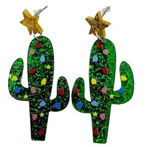 Christmas Cactus Festive Glitter Acrylic Dangle Earrings